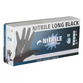   Nitrile hosszú, fekete, allergén anyagoktól mentes kesztyű - S, 50 db/doboz