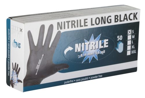 Nitrile allergén anyagoktól mentes kesztyű - hosszú, fekete, 50 db, S