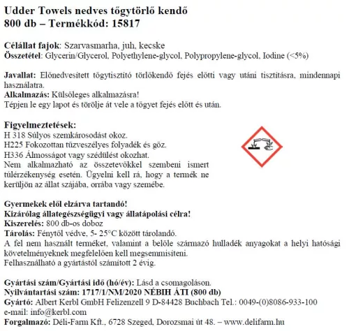 UdderoClean nedves tőgytörlő kendő - 20 x 20 cm, 800 db/vödör