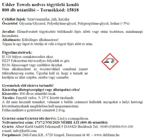 UdderoClean nedves tőgytörlő kendő utántöltő csomag - 20 x 20 cm, 800 lapos
