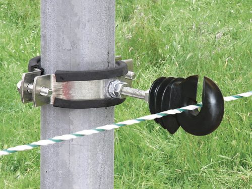 Rögzítőbilincs henger alakú villanypásztor karókhoz, M6 metrikus menetes szigetelőkhöz