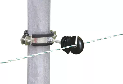 Rögzítőbilincs henger alakú villanypásztor karókhoz, M6 metrikus menetes szigetelőkhöz