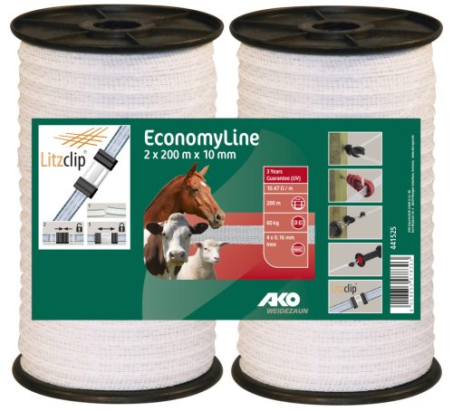 AKO Economyline villanypásztor szalag - fehér, 2 x 200m, 10mm, 11 ohm/m, 60 kg