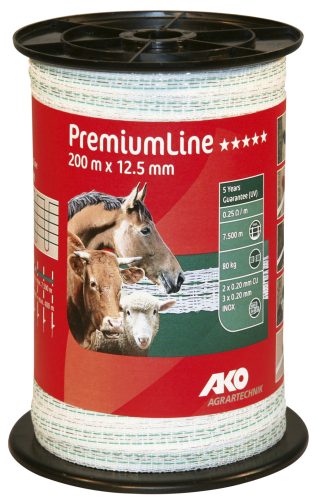 AKO PremiumLine villanypásztor szalag - zöld/fehér, 200m x 12,5 mm, 0,25 ohm/m, 80 kg