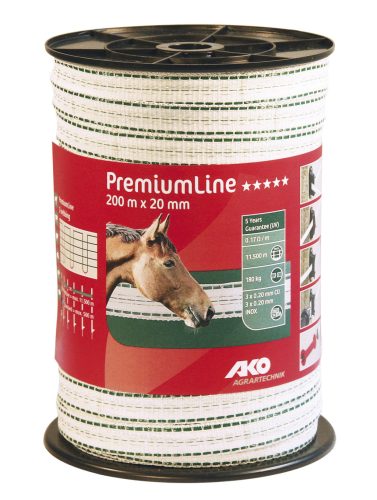 AKO PremiumLine villanypásztor szalag - zöld/fehér, 200m x 20 mm, 0,17 ohm/m, 180 kg