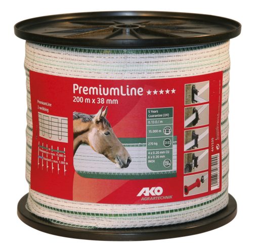 AKO PremiumLine villanypásztor szalag - zöld/fehér, 200m x 38 mm, 0,17 ohm/m, 270 kg