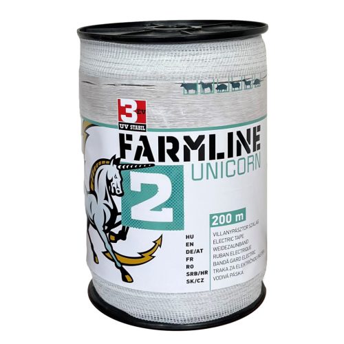 FarmLine Unicorn 2 villanypásztor szalag - fehér, 200 m / 20 mm, 7,34 Ohm, 90 kg