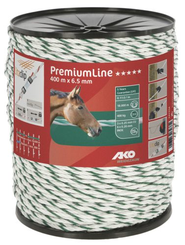 AKO PremiumLine villanypásztor kötél - zöld/fehér, 400 m x 6,5 mm, 0,11 ohm/m, 400 kg