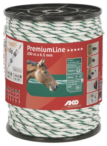 AKO PremiumLine villanypásztor kötél - zöld/fehér, 200 m x 6,5 mm, 0,11 ohm/m, 400 kg
