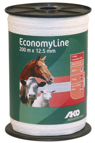 AKO Economyline villanypásztor szalag - fehér, 200 m x 12,5mm, 11 ohm/m, 75 kg