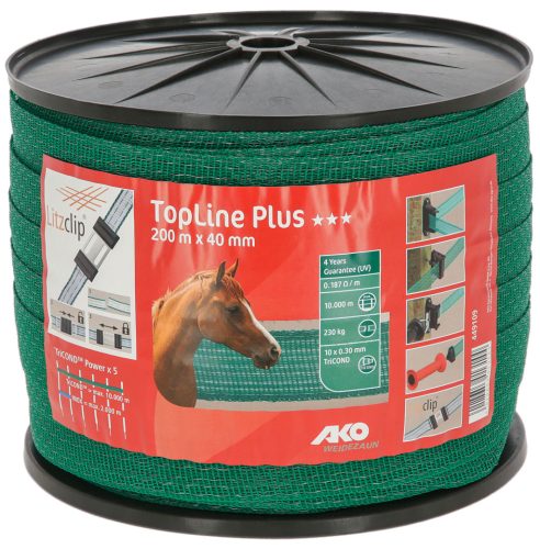 AKO TopLine Plus villanypásztor szalag - zöld, 200 m x 40 mm, zöld, 0,187 ohm/m, 230 kg