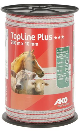 AKO Topline Plus villanypásztor szalag - fehér/piros, 200 m x 10 mm, 0,467 ohm/m, 90 kg