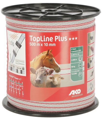 AKO Topline Plus villanypásztor szalag - fehér/piros, 500 m x 10 mm, 0,467 ohm/m, 90 kg