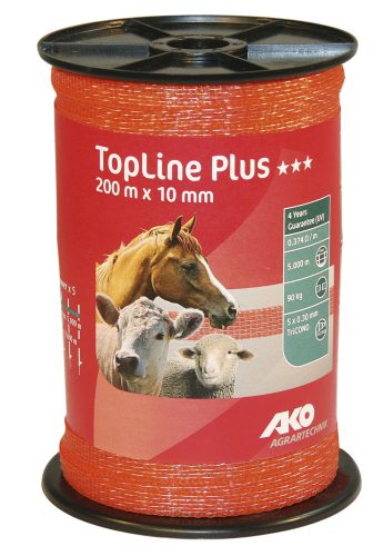AKO TopLine Plus villanypásztor szalag - narancs, 200 m x 10 mm, 0,374 ohm/m, 90 kg