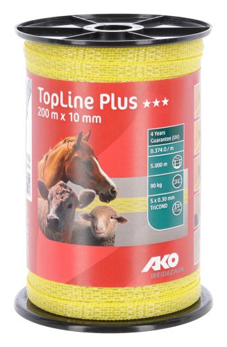 AKO TopLine Plus villanypásztor szalag - sárga, 200 m x 10 mm, 0,374 ohm/m, 90 kg
