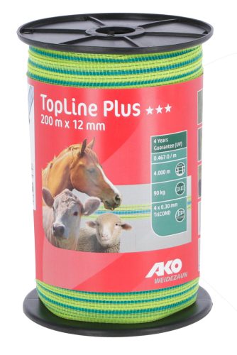 AKO TopLine Plus villanypásztor szalag - neonsárga/kék, 200 m x 12 mm, 0,467 ohm/m, 90 kg
