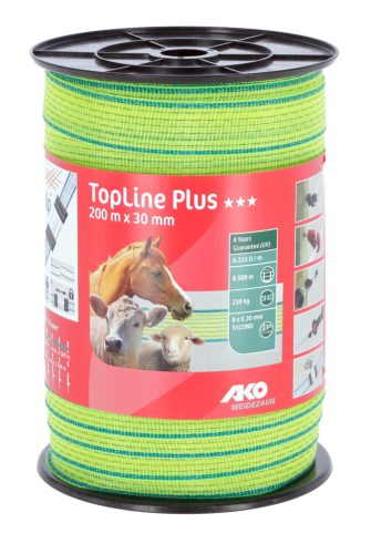 AKO TopLine Plus villanypásztor szalag - neonsárga/kék, 200 m x 30 mm, 0,233 ohm/m, 90 kg
