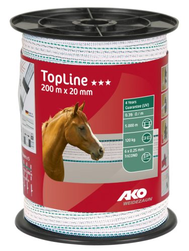 AKO TopLine villanypásztor szalag - fehér/világoskék, 200 m x 20 mm, 0,4 ohm/m, 120 kg