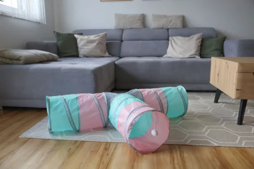 Macskacső három bejárattal - türkiszkék/pink/szürke, 25 (átmérő) x 80 x 50 cm