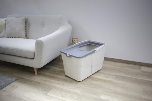 Buxo macska toalett - szürke/kék, lapáttal, 56 x 39 x 38,5 cm