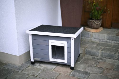 Rustica macskaház szilikon ajtóval - fehér / szürke, 57 x 45 x 43 cm