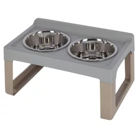   Etető-itató állvány - 2x1000 ml, szürke/szürkésbarna, 41x26x20 cm