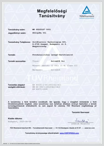 SolveAir UNI fotokatalitikus levegő fertőtlenítő