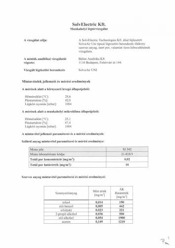 SolveAir UNI fotokatalitikus levegő fertőtlenítő
