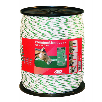 AKO PremiumLine villanypásztor kötél - zöld/fehér, 400 m x 6,5 mm, 0,11 ohm/m, 400 kg