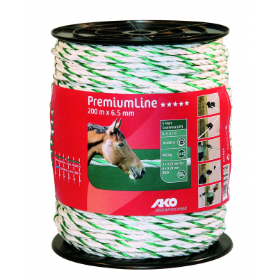 AKO PremiumLine villanypásztor kötél - zöld/fehér, 200 m x 6,5 mm, 0,11 ohm/m, 400 kg